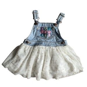 OSHKOSH B'gosh Baby Girl Overall Jean Dress Beige Polka Dot Hearts 12M Floral